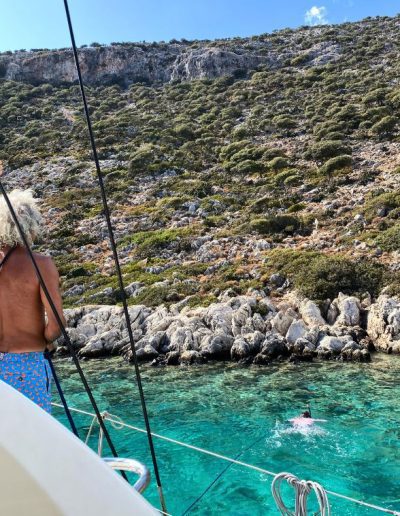 sailing in Turkey - tying off the boat in Pirate's Cove