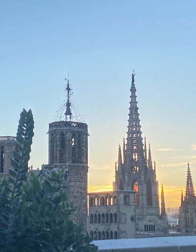 Barcelona's Gothic Quarter - sunset view of Cathedral spires from rooftop of H10 Montcada